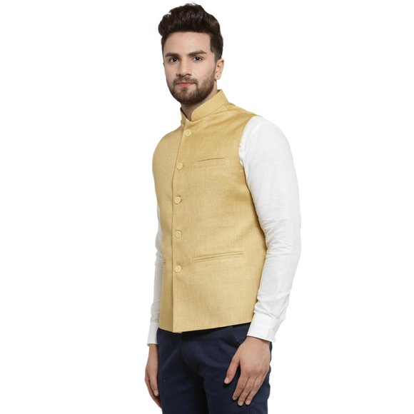 Sleeveless Traditional Jute Fabric Mustard Yellow Nehru Jacket by Treemoda - Picture 2 of 5